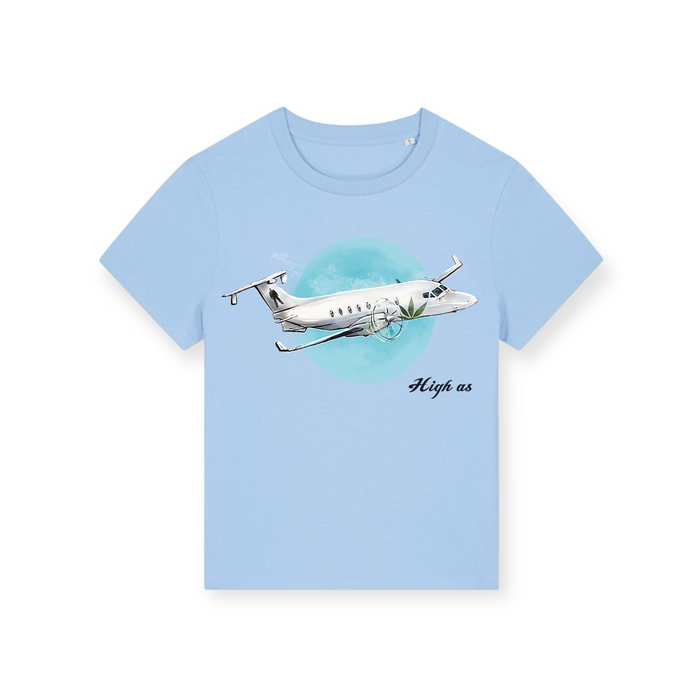 Leeroy Thornhill 'High As' women's tee designed by Lena Thornhill.  Light blue tee with design printed on front.