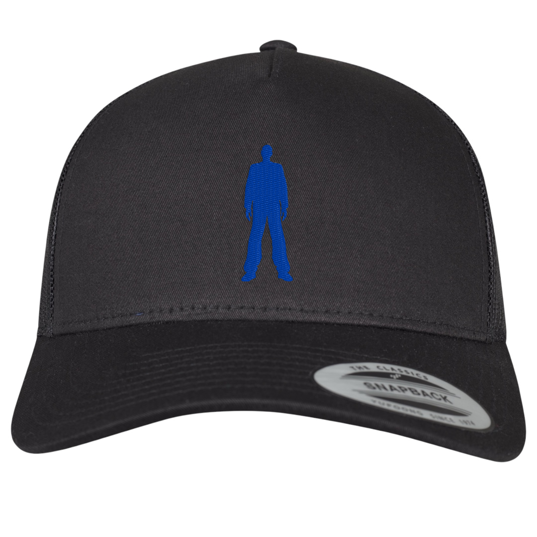 Leeroy Thornhill black 'Logo' trucker cap designed by Lena Thornhill.  Black cap with blue embroidered logo.