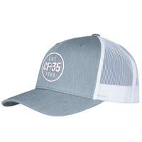CF35 heather grey and white trucker cap with embroided CF35 anniversary logo