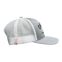 Cool Flo Custom Edition Heather Grey and White Trucker Cap with black custom embroidery and silver/grey logo,  side view.