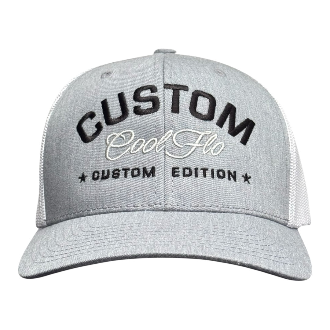Cool Flo Custom Edition Heather Grey and White Trucker Cap with black custom embroidery and silver/grey logo, front view.