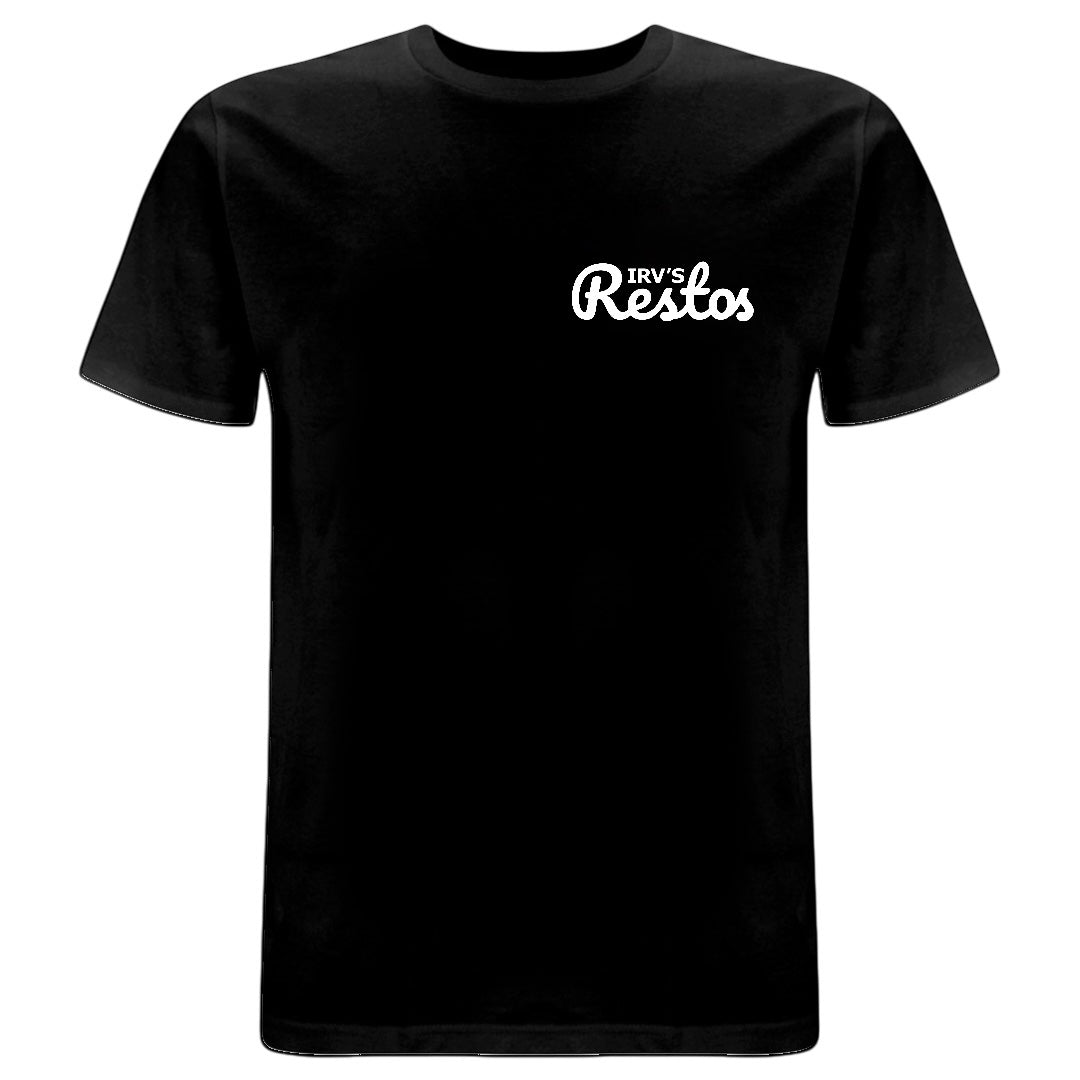 Black double-print t-shirt with crisp white IRV’s Restos Shop logos on the front and back - front view