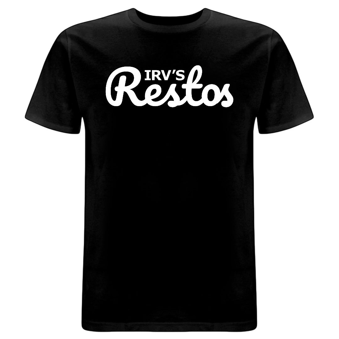 Black t-shirt with bold white IRV’s Restos logo printed across the chest - front view
