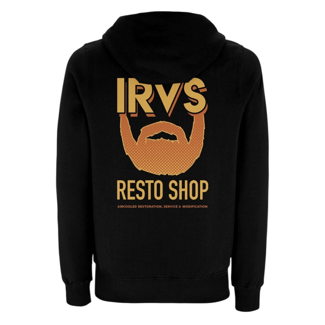 Black hoody with IRV’s Restos Shop chest logo and yellow/orange Bearded Logo back print - back view