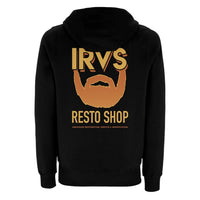 Black hoody with IRV’s Restos Shop chest logo and yellow/orange Bearded Logo back print - back view