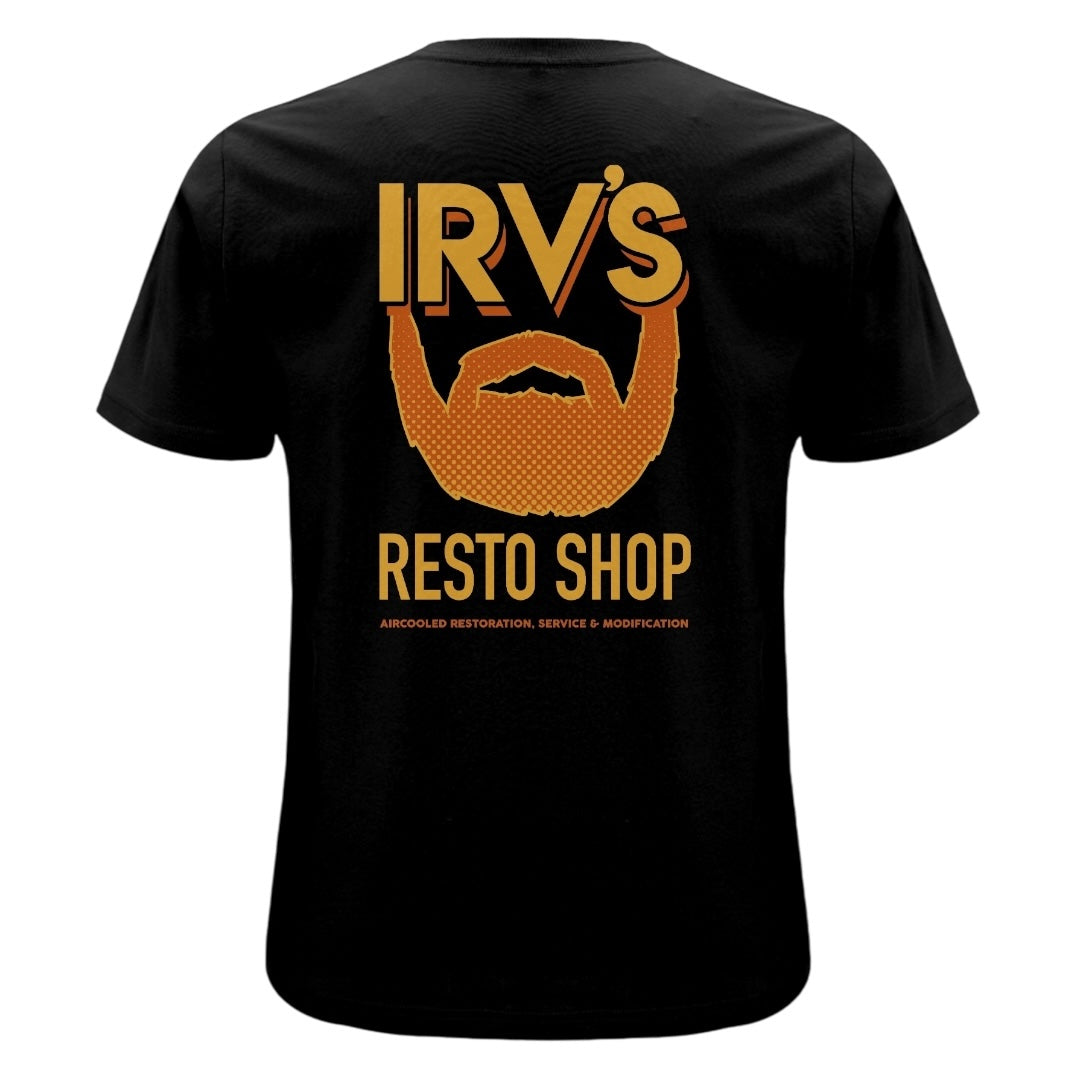 Black t-shirt with IRV’s Restos Shop chest logo and yellow/orange Bearded Logo back print - back view