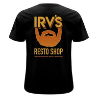 Black t-shirt with IRV’s Restos Shop chest logo and yellow/orange Bearded Logo back print - back view