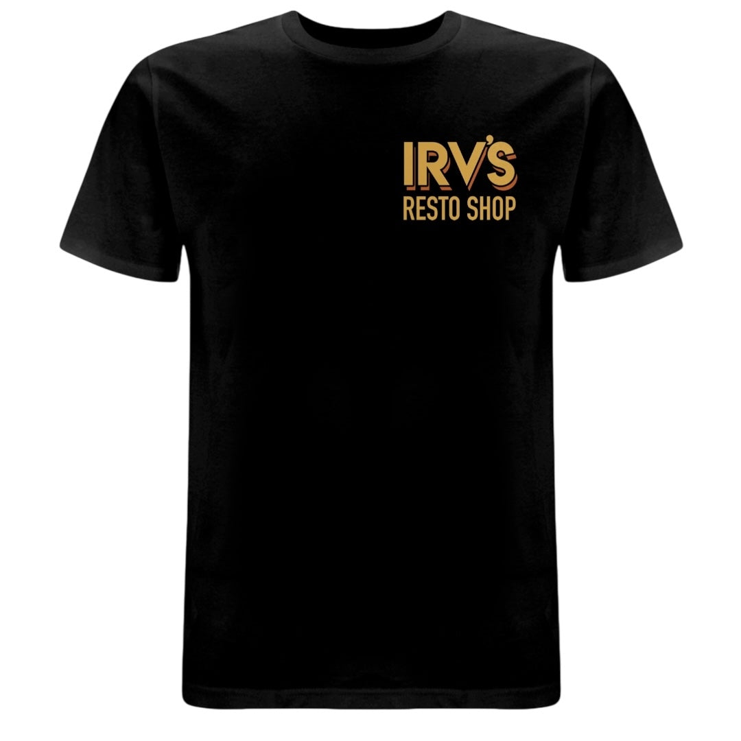 Black t-shirt with IRV’s Restos Shop chest logo and yellow/orange Bearded Logo back print - front view
