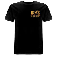 Black t-shirt with IRV’s Restos Shop chest logo and yellow/orange Bearded Logo back print - front view