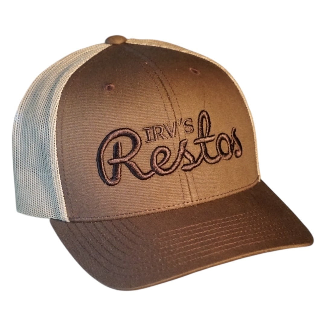 Brown and khaki two-tone trucker cap with tonal brown embroidered IRV's Restos logo, side view