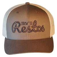 Brown and khaki two-tone trucker cap with tonal brown embroidered IRV's Restos logo, front view