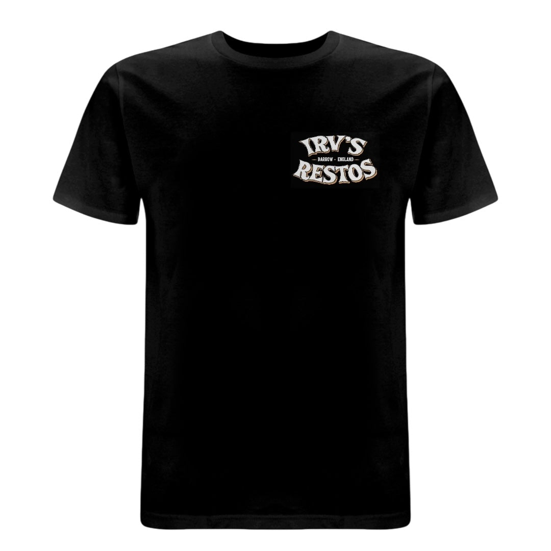 Black t-shirt with IRV’s Restos Shop logo on the left chest - front view