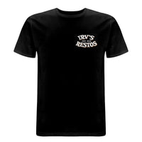 Black t-shirt with IRV’s Restos Shop logo on the left chest - front view