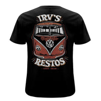 Black t-shirt with VW Barndoor and ‘Quality Sound’ IRV’s Restos branding on the back - back view