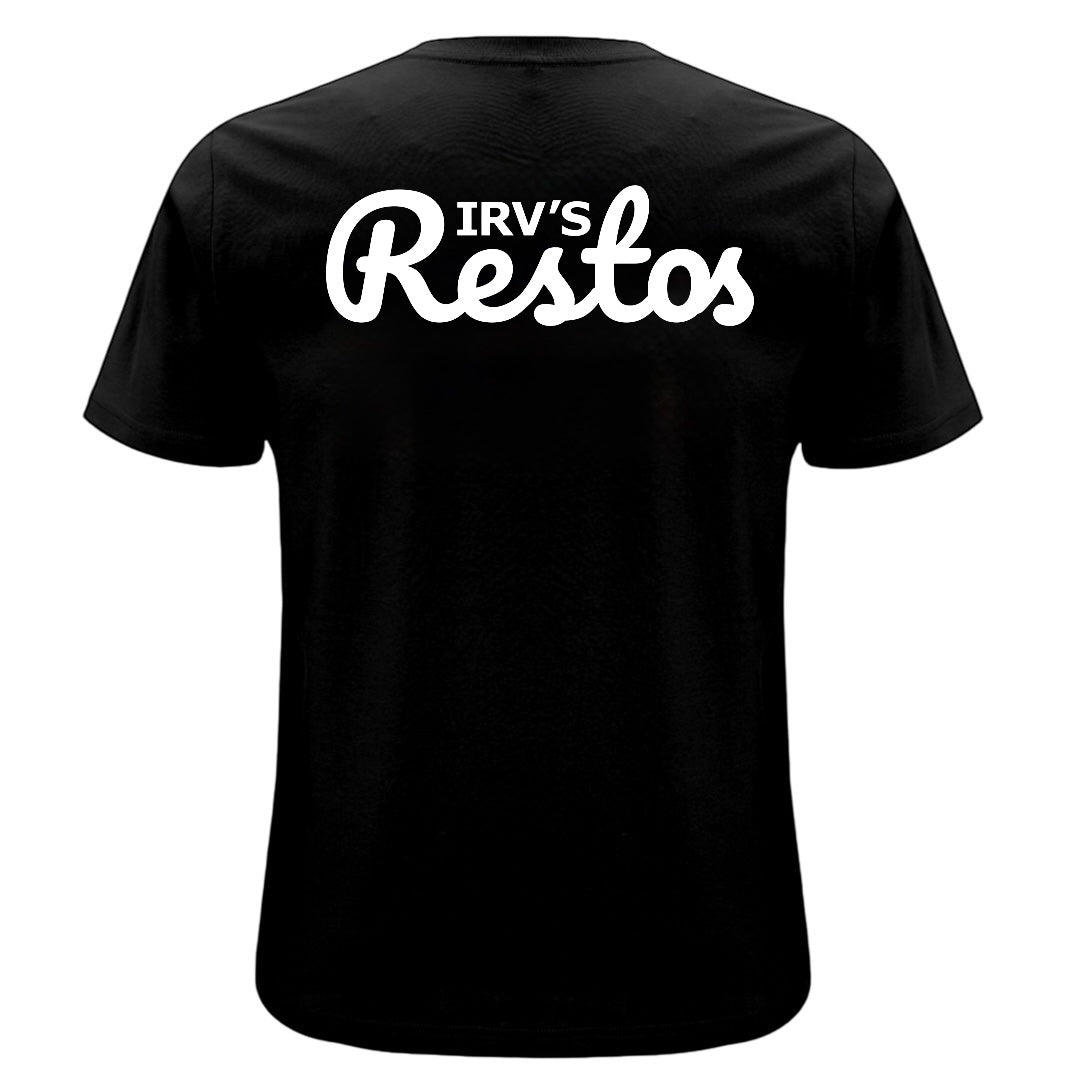 Black double-print t-shirt with crisp white IRV’s Restos Shop logos on the front and back - back view