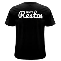 Black double-print t-shirt with crisp white IRV’s Restos Shop logos on the front and back - back view