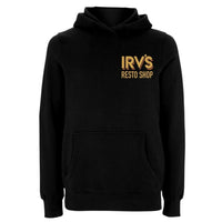 Black hoody with IRV’s Restos Shop chest logo and yellow/orange Bearded Logo back print - front view