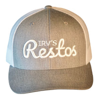 Heather grey and white two-tone trucker cap with white embroidered IRV's Restos logo -  front view