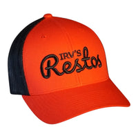 Red and black retro trucker cap with black IRV's Restos embroidered logo - side view