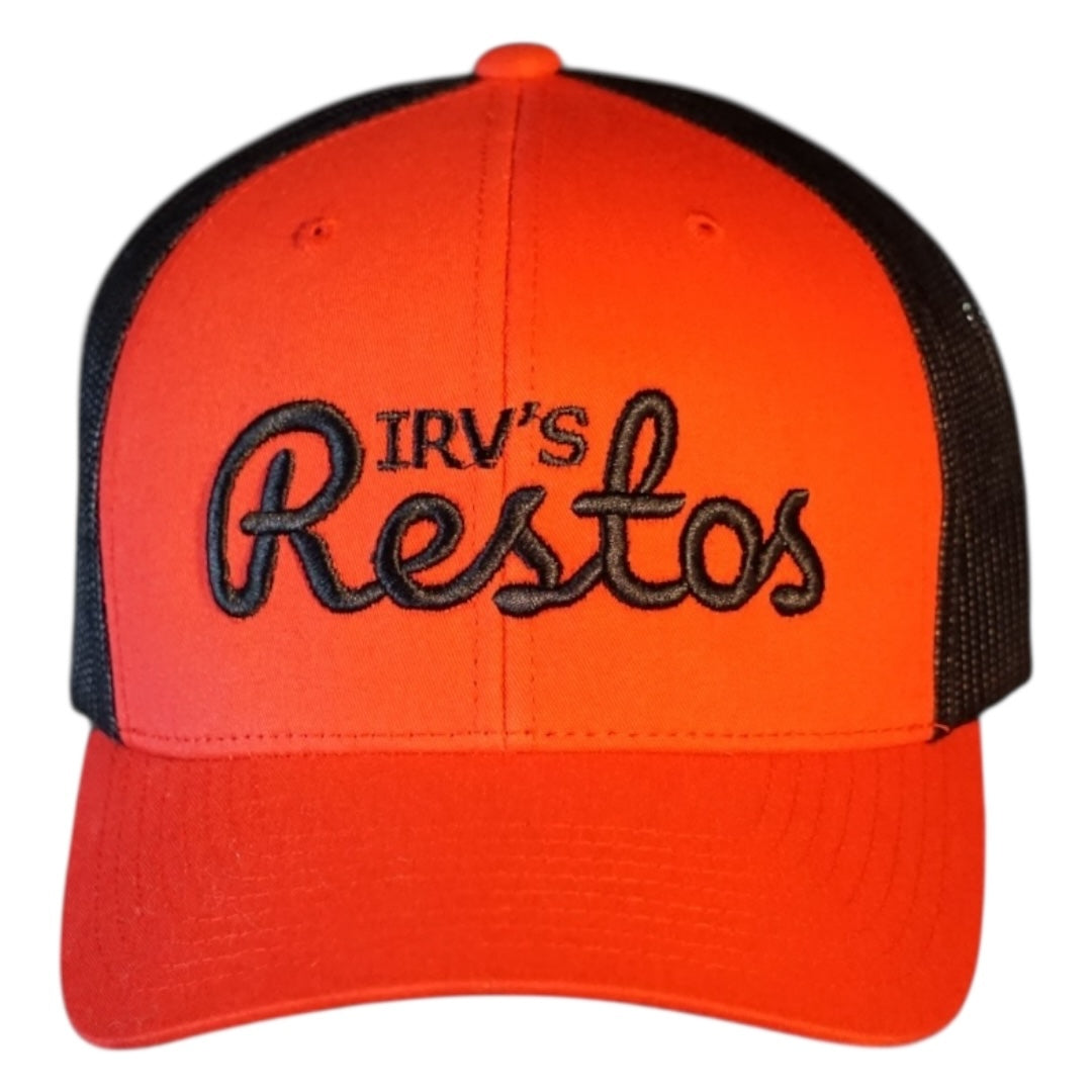 Red and black retro trucker cap with black IRV's Restos embroidered logo - front view