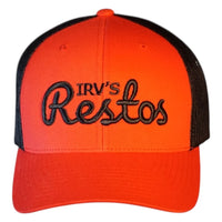 Red and black retro trucker cap with black IRV's Restos embroidered logo - front view