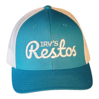 Turquoise and white retro trucker cap with white IRV's Restos embroidered logo  - front view