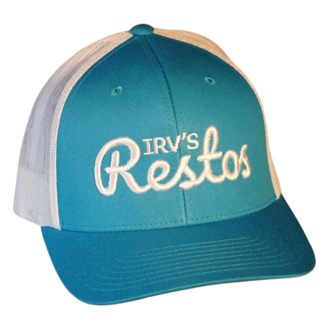 Turquoise and white retro trucker cap with white IRV's Restos embroidered logo  - side view