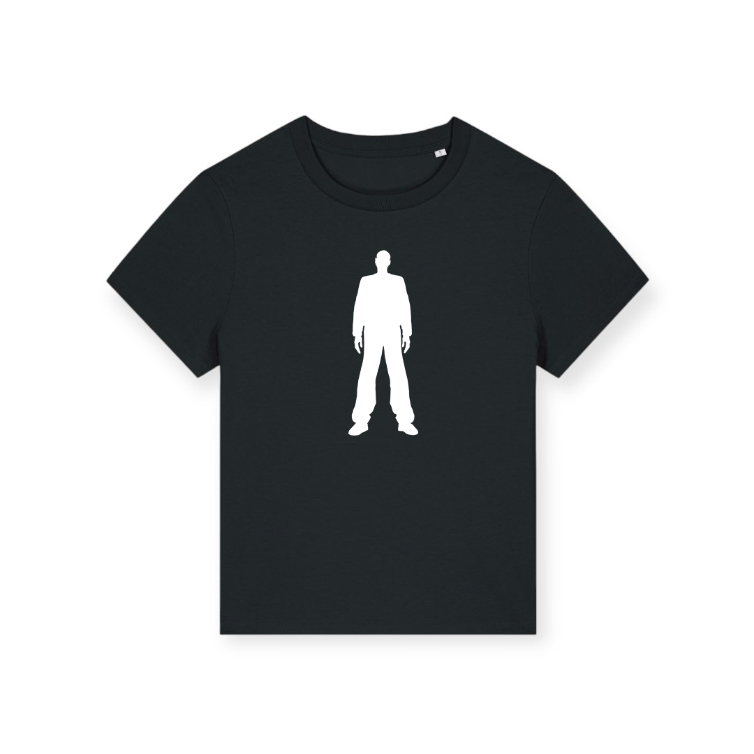 Leeroy Thornhill “logo” women's tee designed by Lena Thornhill.  Black T-shirt with bold silhouette logo design printed in white on the front.