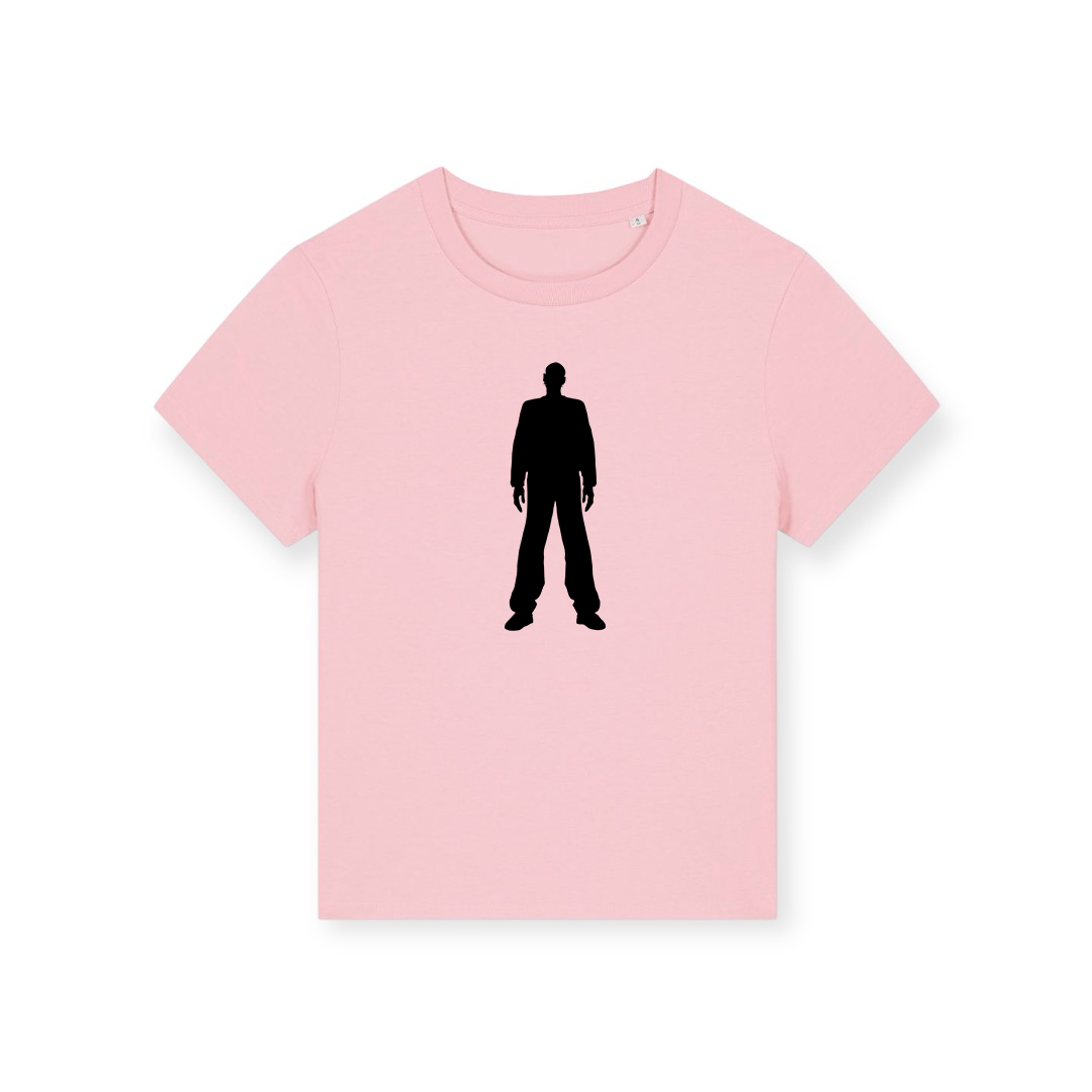 Leeroy Thornhill “logo” women's tee designed by Lena Thornhill.  Pink T-shirt with bold silhouette logo design printed in black on the front.