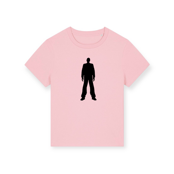 Leeroy Thornhill “logo” women's tee designed by Lena Thornhill.  Pink T-shirt with bold silhouette logo design printed in black on the front.