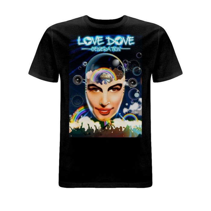 Psychedelic artwork from The Love Dove Generation featuring a rainbow-filled mind, dancefloor silhouettes, and cosmic imagery on a vibrant background.