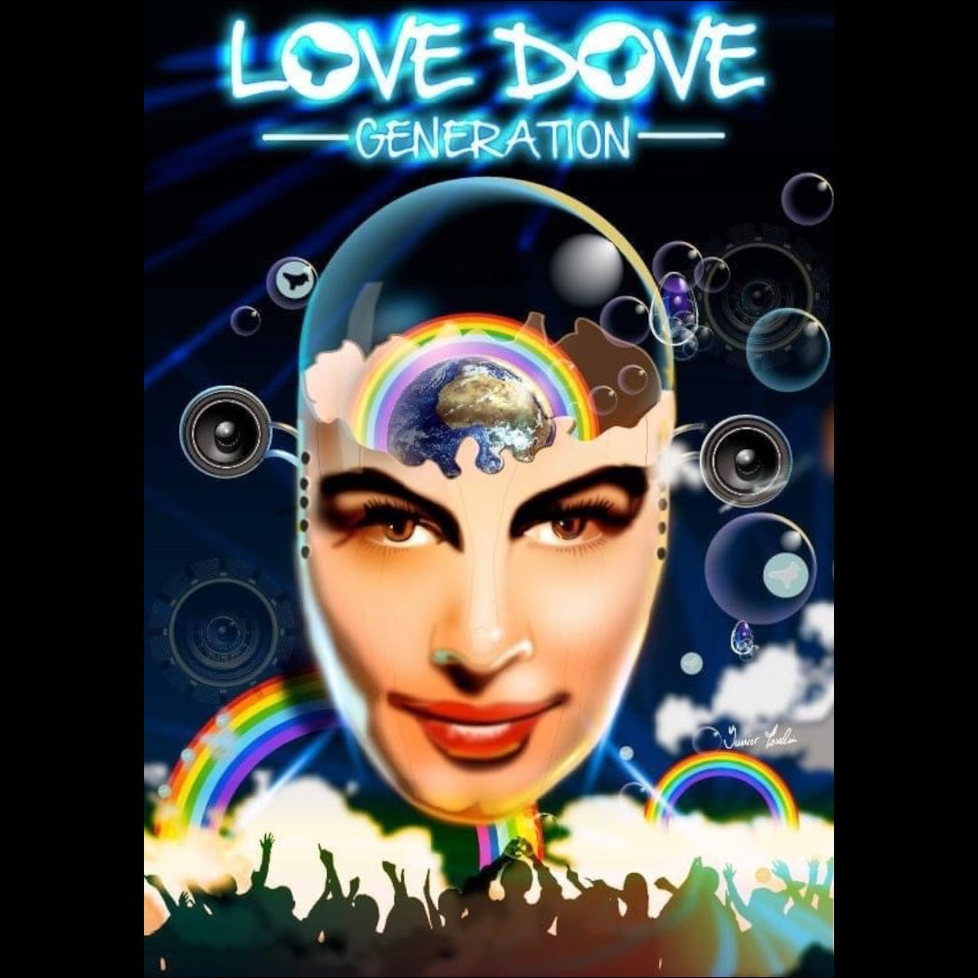 Psychedelic artwork from The Love Dove Generation featuring a rainbow-filled mind, dancefloor silhouettes, and cosmic imagery on a vibrant background.