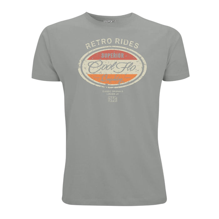 Cool Flo Retro Rides grey t-shirt with red, orange and cream print design.