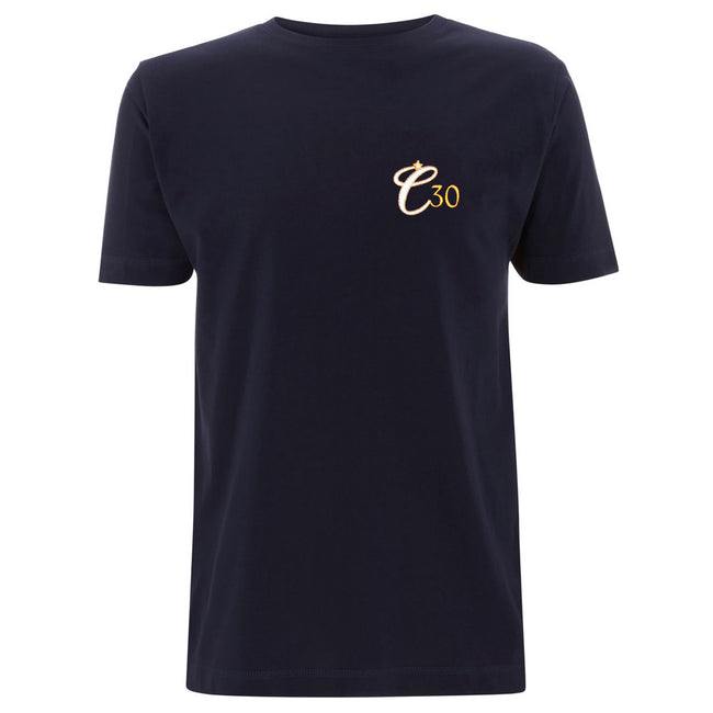 Navy t-shirt with Clockwork Orange C30 logo embroidered left-chest