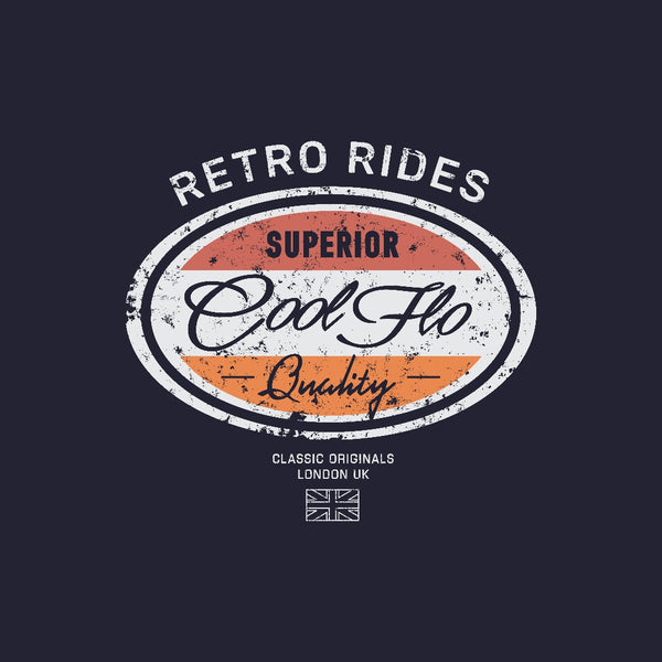 Cool Flo Retro Rides navy t-shirt with red, cream and orange print design - rollover image.