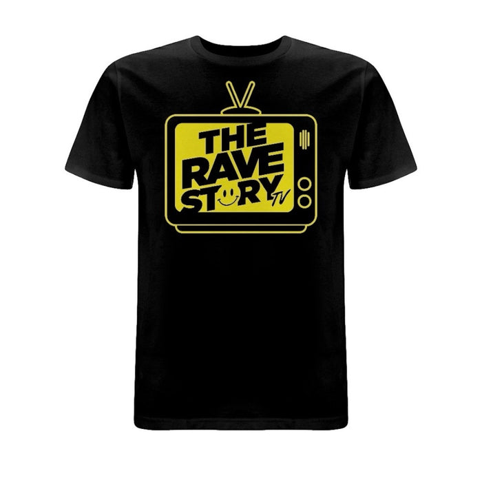 Black T-shirt featuring The Rave Story TV logo in bold yellow, with a retro television graphic and smiley face.