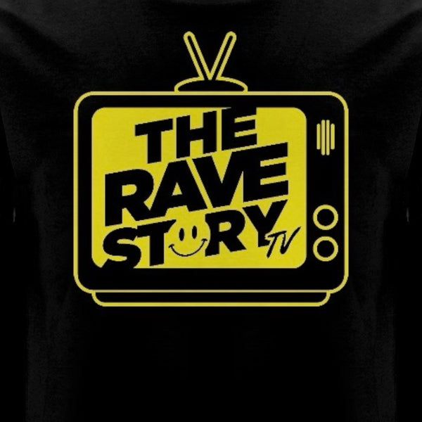 Black T-shirt featuring The Rave Story TV logo in bold yellow, with a retro television graphic and smiley face