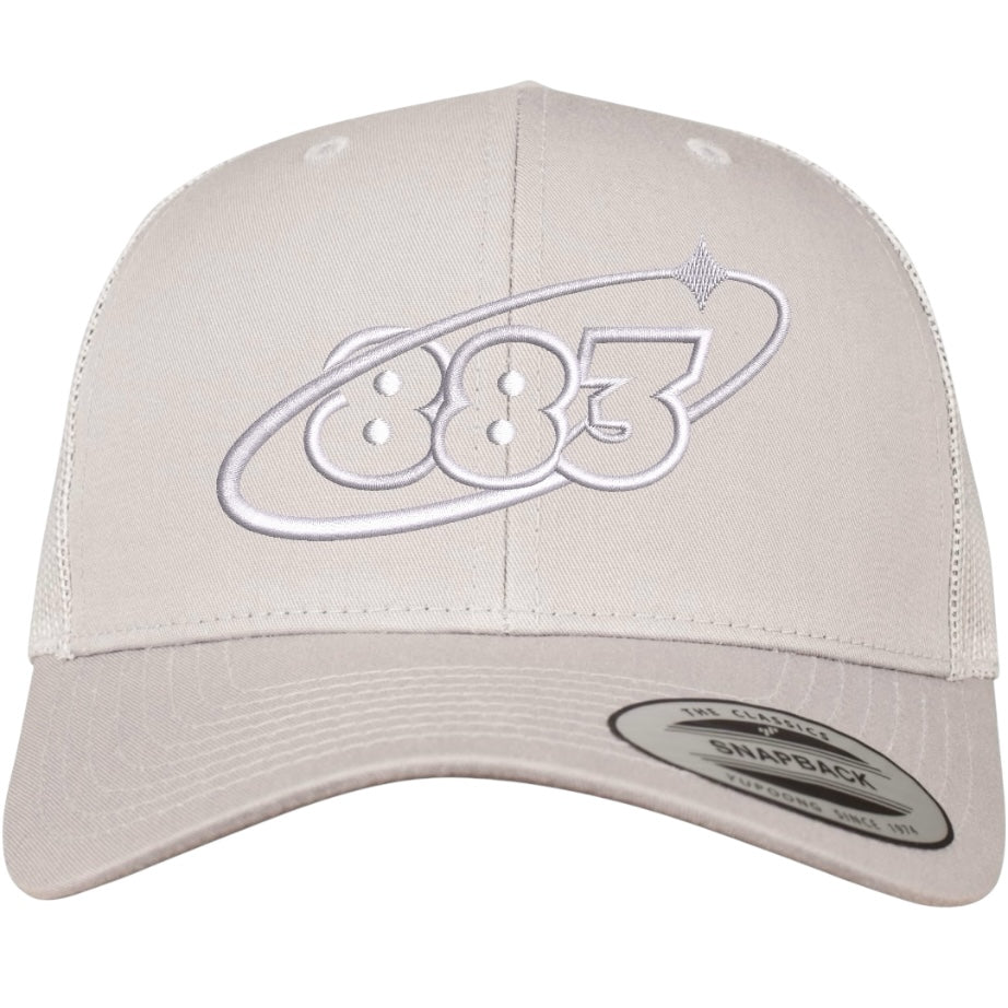 Silver grey Centreforce trucker cap with white Orbit 883 embroidered logo - front view