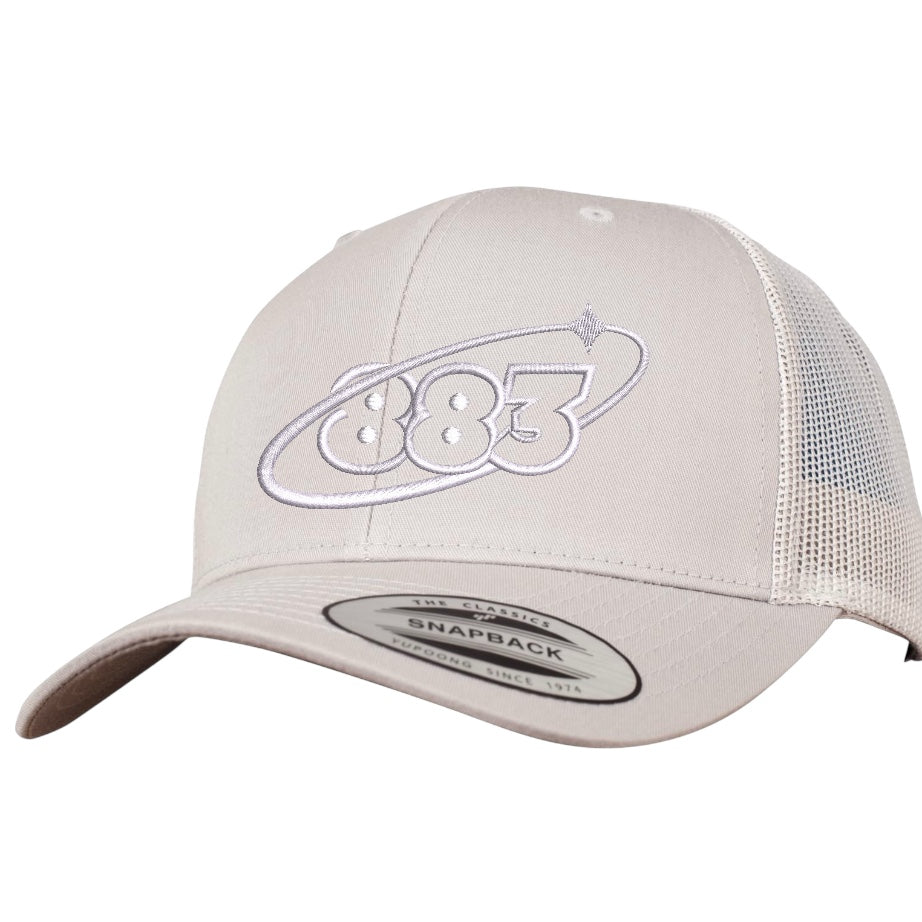Silver grey Centreforce trucker cap with white Orbit 883 embroidered logo - side view