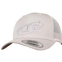 Silver grey Centreforce trucker cap with white Orbit 883 embroidered logo - side view