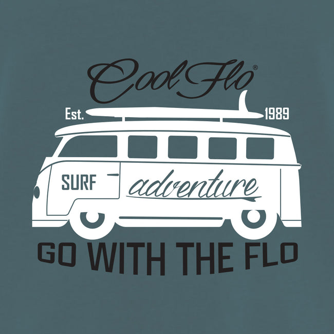 Close-up of Cool Flo Surf Adventure Blue T-shirt with a white VW campervan design.