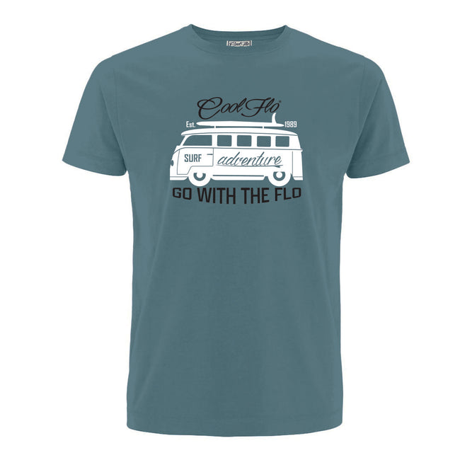 Cool Flo Surf Adventure Blue T-shirt with a white VW campervan design.