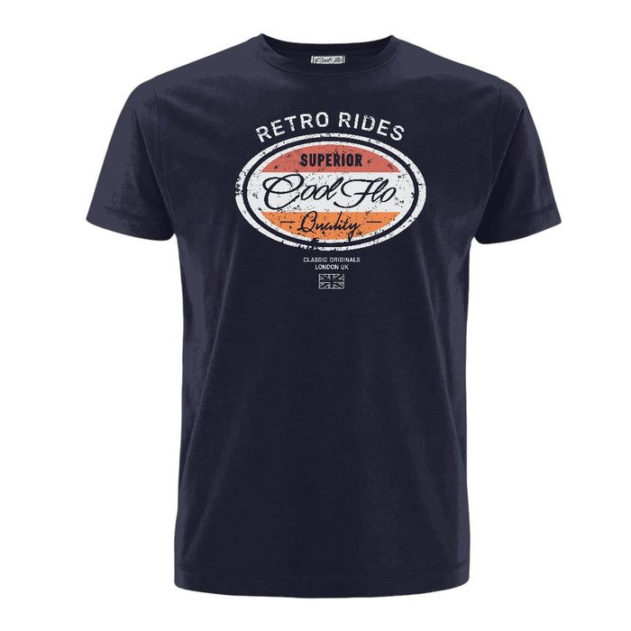 Cool Flo Retro Rides navy t-shirt with red, cream and orange print design