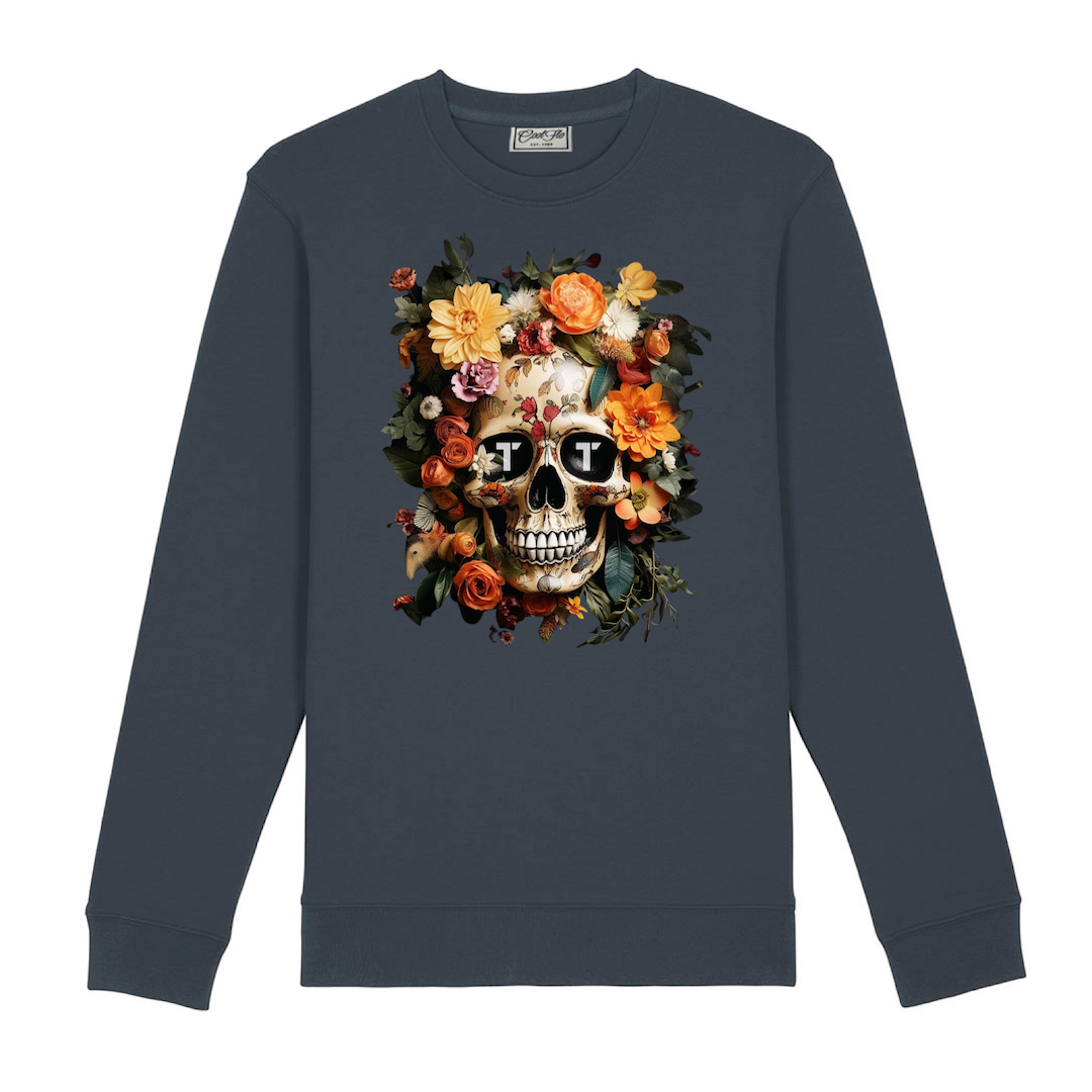 Tenacious 'Orange Flower Skull' anthracite sweatshirt with full colour design printed on the front.