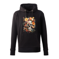 Tenacious 'Orange Flower Skull' black hoody with full colour design printed on the front.
