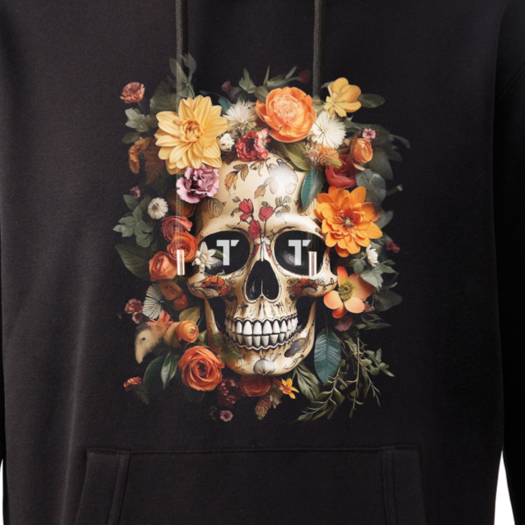 Tenacious 'Orange Flower Skull' black hoody with full colour design printed on the front.