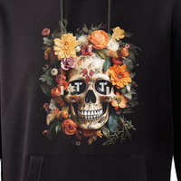 Tenacious 'Orange Flower Skull' black hoody with full colour design printed on the front.