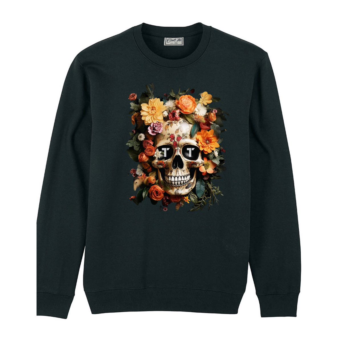 Tenacious black sweatshirt with 'Orange Flower Skull' full colour design printed on the front.
