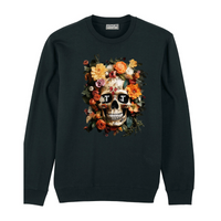 Tenacious black sweatshirt with 'Orange Flower Skull' full colour design printed on the front.
