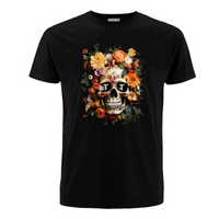 Tenacious Orange Flower Skull T-shirt, black with full colour print design on the front.